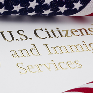 Close up view of the U.S. Citizenship and Immigration Services logo between two United States flags