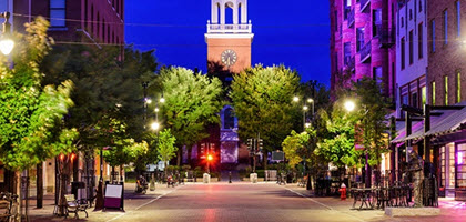 Evening view of downtown Burlington Vermont centered on the church steeple